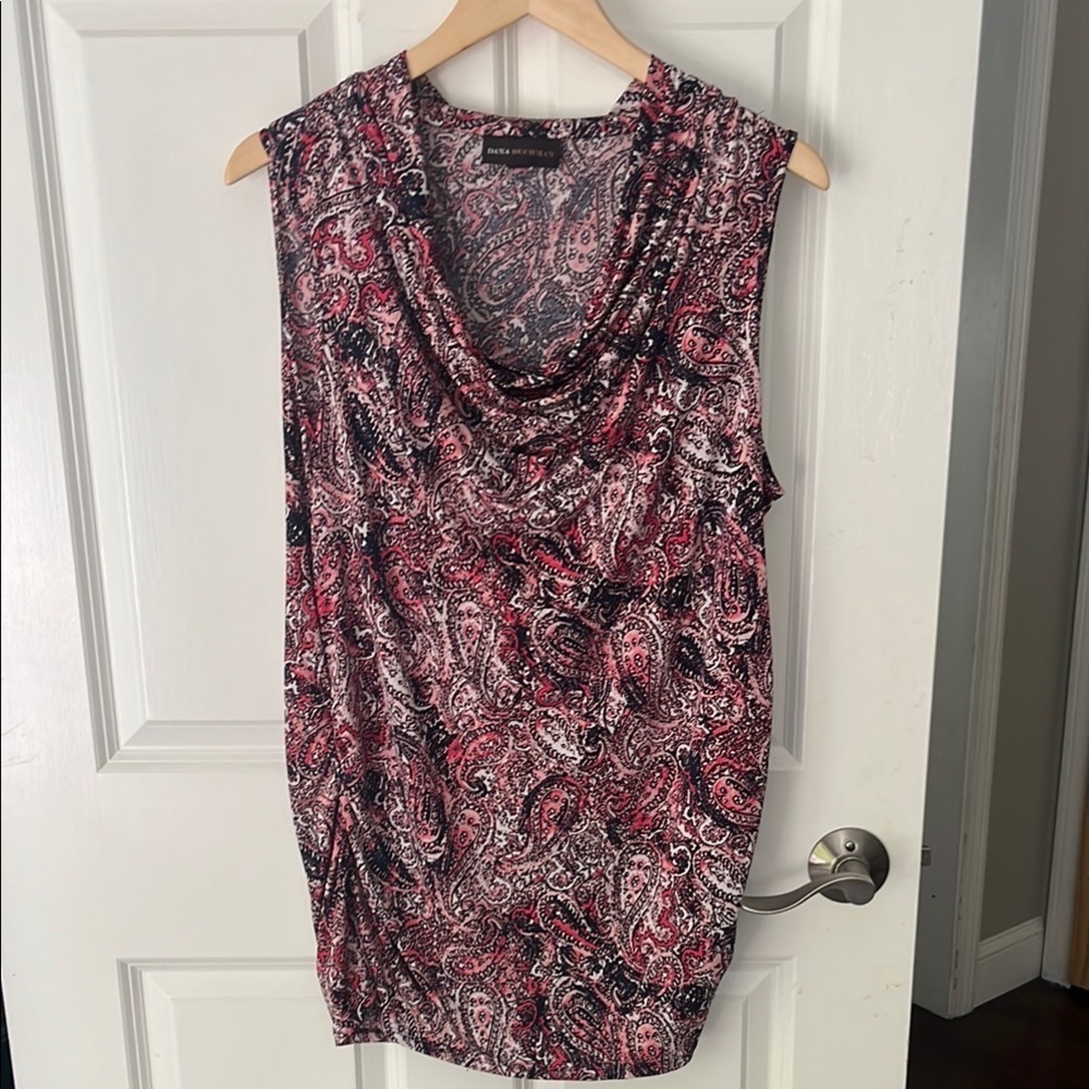 Dana Buchman Paisley drape neck sleeveless Blouse pink+blue XL